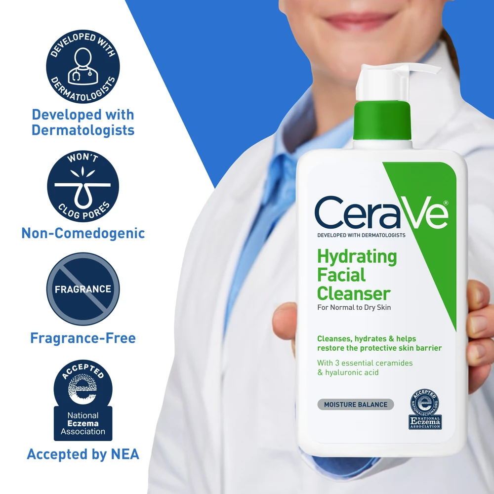 A white bottle with a pump dispenser, labeled 'CeraVe Hydrating Facial Cleanser 562 ml'. The bottle has a blue and white label with the CeraVe logo.