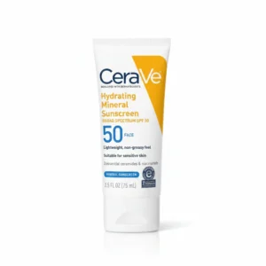 A white bottle with a blue label that says 'CeraVe Hydrating Mineral Sunscreen Face Lotion SPF 50'. The bottle contains 75ml of product.