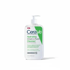 A white bottle with a pump dispenser, labeled 'CeraVe Hydrating to Foaming Makeup Cleanser 355ml'.