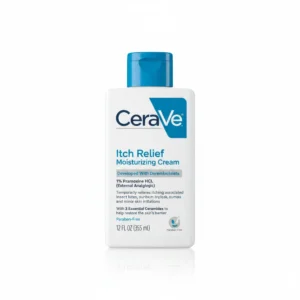 An 8 oz bottle of CeraVe Itch Relief Moisturizing Cream with a white label and blue cap