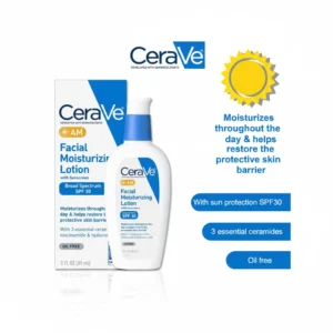 A white bottle of CeraVe AM Facial Moisturizing Lotion SPF 30 with a blue and white label. The bottle contains 89ml of product.