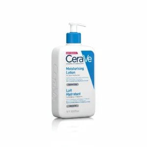 A white bottle of CeraVe Moisturizing Lotion with a blue label. The bottle has a pump dispenser on top.