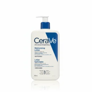A white bottle of CeraVe Moisturizing Lotion with a blue and white label. The bottle contains 562ml of product.