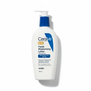 A white and blue bottle of CeraVe Moisturizing Lotion with SPF 30. The label shows the CeraVe logo and key ingredients like hyaluronic acid and ceramides.