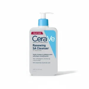 A white bottle with a blue label that says 'CeraVe SA Smoothing Cleanser 473ML'. The bottle has a pump dispenser.