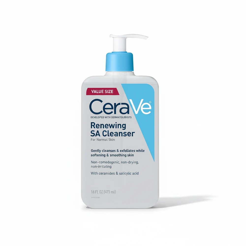 A white bottle with a blue label that says 'CeraVe SA Smoothing Cleanser 473ML'. The bottle has a pump dispenser.