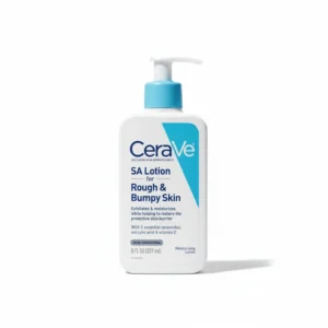 A white bottle of CeraVe SA Renewing Lotion with a blue and white label. The bottle has a pump dispenser top.