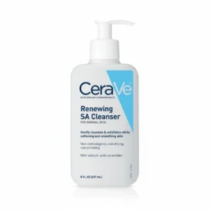A 237 ml bottle of CeraVe SA Renewing Cleanser with a white label and blue cap