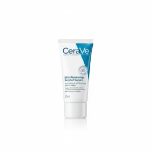 A clear glass bottle with a white label containing the CeraVe logo and product name. The bottle contains a light yellow-colored serum.