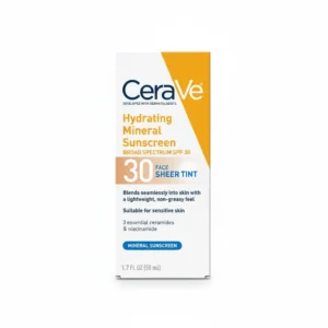 A bottle of CeraVe SPF 30 Sheer Tint Moisturizer in a light beige color with a white cap