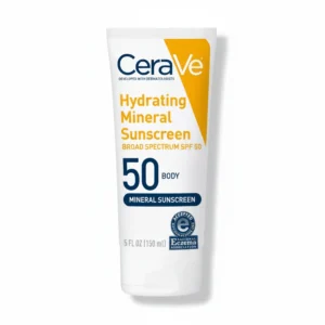 A white bottle of CeraVe Hydrating Mineral Sunscreen Body Lotion with Broad Spectrum SPF 50. The label features the CeraVe logo and indicates the 150ml size.