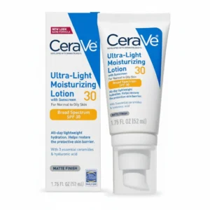 A white bottle of CeraVe Ultra-Light Moisturizing Lotion with Sunscreen SPF 30. The label shows the product name and key details.