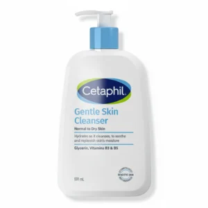 A white bottle of Cetaphil Gentle Skin Cleanser with a green label. The bottle has a pump dispenser and displays the Cetaphil logo and product name.