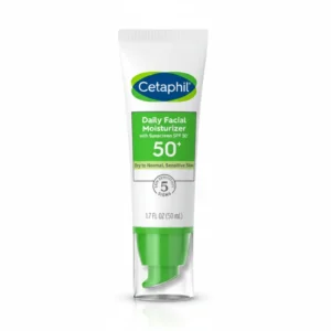 A white bottle of Cetaphil Daily Facial Moisturizer SPF 50, with a blue label displaying the Cetaphil logo and product name.