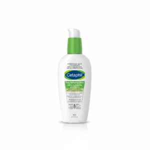 A white bottle of Cetaphil Daily Oil Free Hydrating Lotion with a blue label. The bottle has a pump dispenser.