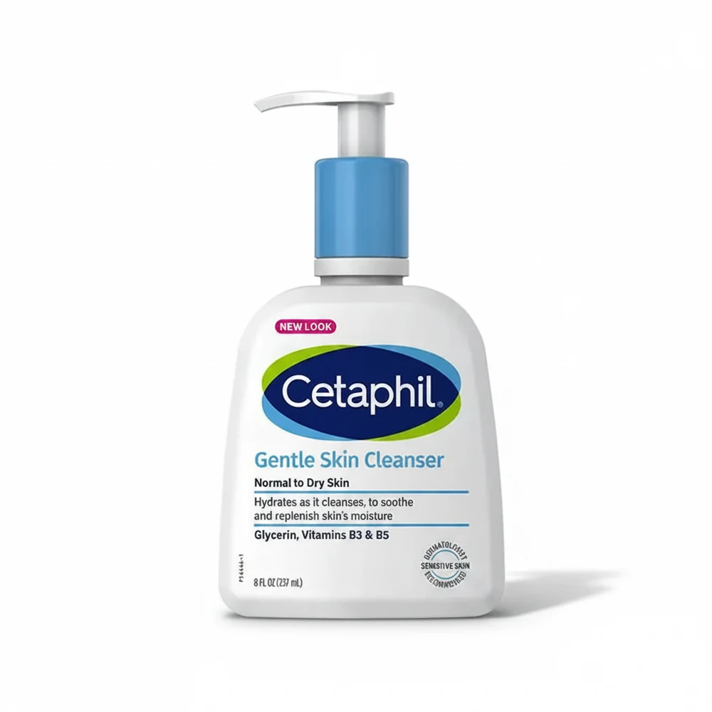 A white bottle with the Cetaphil logo and the text 'Gentle Skin Cleanser' on the label. The bottle contains 237ml of product.