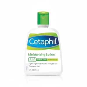 A white bottle of Cetaphil Moisturizing Lotion with a green label. The bottle has a pump dispenser on top.