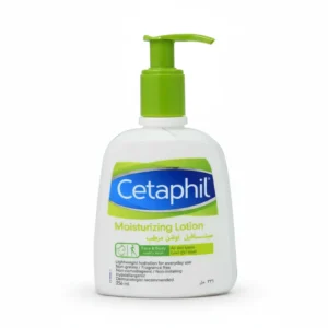 A white bottle of Cetaphil Moisturizing Lotion with a blue label. The bottle has a pump dispenser on top.