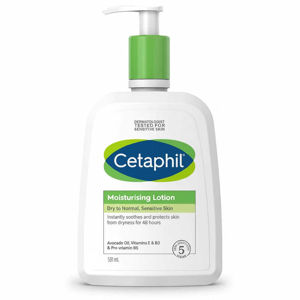 A white bottle of Cetaphil Moisturizing Lotion with a green label. The bottle contains 591ml of product and is labeled as being formulated with avocado oil and vitamins B5 and B3.