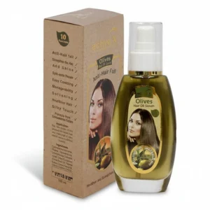 A bottle of Active X Olives Hair Oil Serum with a label showing the product name and olive oil ingredients.