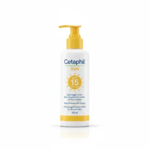 A white bottle of Cetaphil Daily Facial Moisturizer SPF 15 with a blue and green label