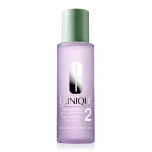 A clear glass bottle with a white label featuring the Clinique logo and the product name 'Clarifying Lotion Toner' in blue text. The bottle contains a clear liquid toner.