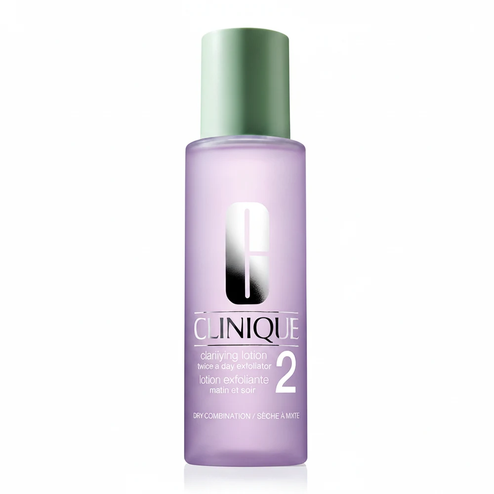 A clear glass bottle with a white label featuring the Clinique logo and the product name 'Clarifying Lotion Toner' in blue text. The bottle contains a clear liquid toner.