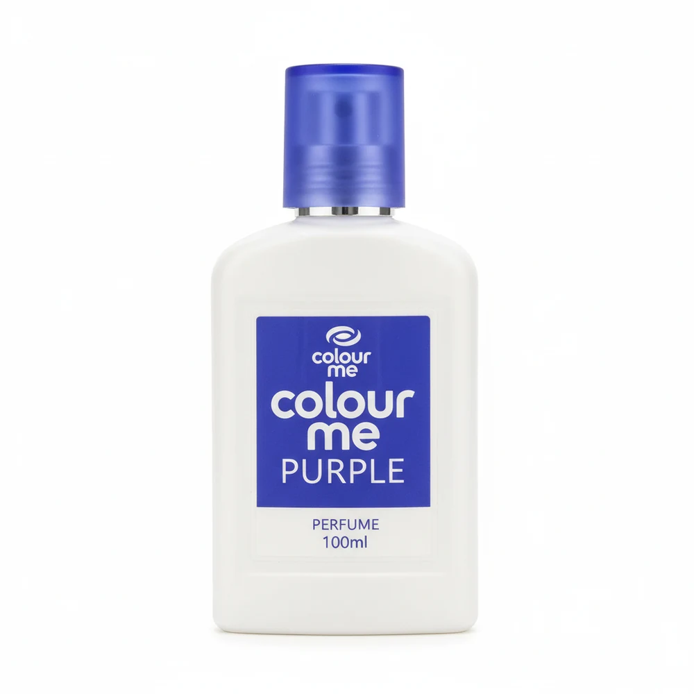 A 100ml glass bottle of Colour Me Purple perfume. The bottle has a purple label with the brand name and fragrance notes.