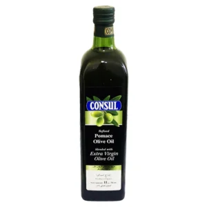 A bottle of Consul Olive Oil Bale Korkoro, featuring a green and white label with the Consul logo and the product name.