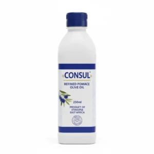 A 250ml bottle of Consul Refined Pomace Olive Oil with a white label and green accents