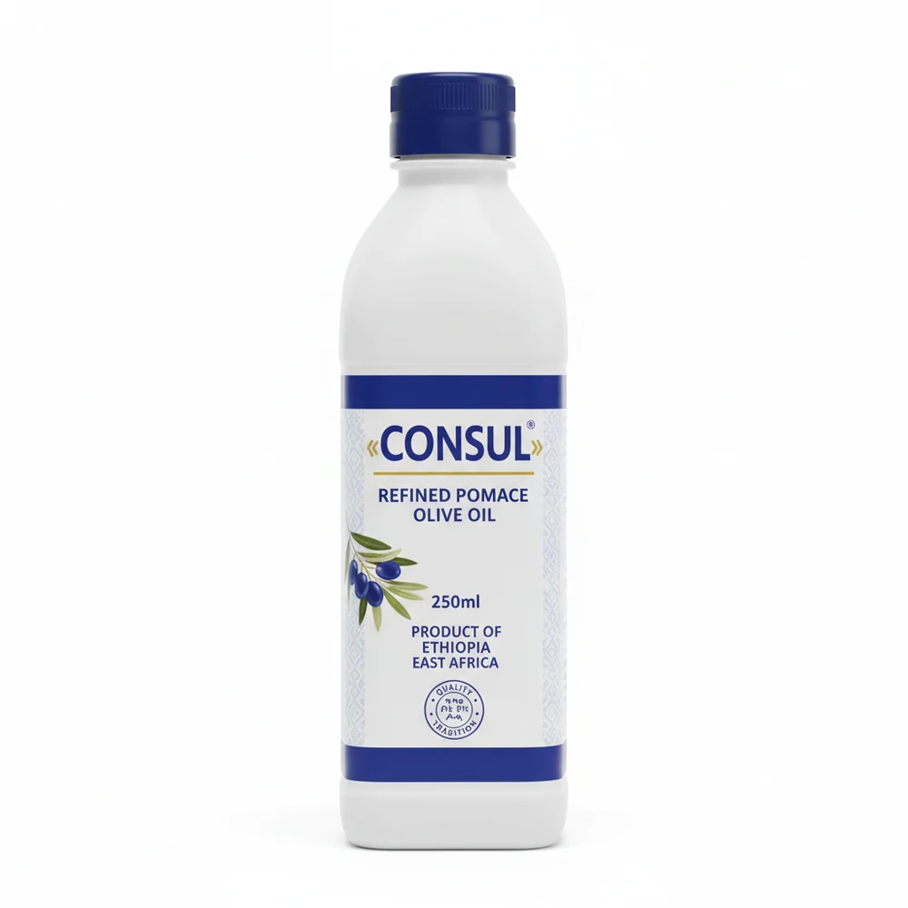 A 250ml bottle of Consul Refined Pomace Olive Oil with a white label and green accents