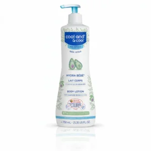 A white bottle of Cool & Cool Baby Lotion with a blue label. The bottle contains 750ml of the gentle, moisturizing formula.