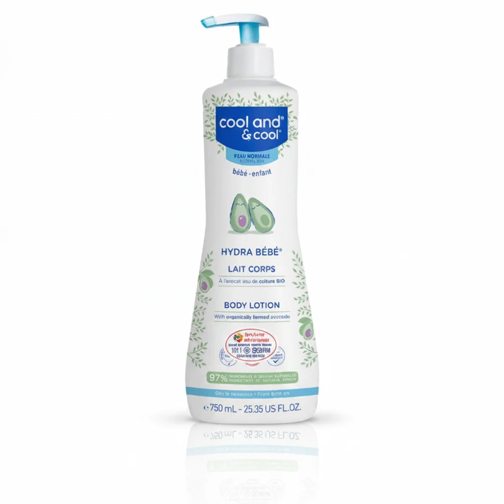A white bottle of Cool & Cool Baby Lotion with a blue label. The bottle contains 750ml of the gentle, moisturizing formula.