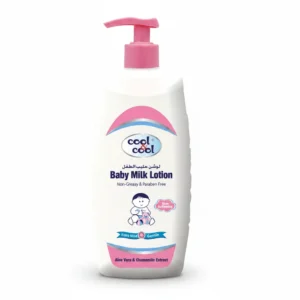 A white bottle with a blue label, containing a milky white lotion. The label says 'Cool & Cool Baby Milk Lotion' and shows the product size as 500ml.