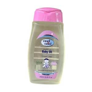 A white bottle with a blue label, containing a clear, light-colored baby oil product