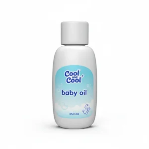 A bottle of Cool and Cool baby oil with a white label and blue cap. The bottle is filled with a clear, light-colored liquid.