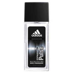 A black and white Adidas-branded perfume bottle and body spray can against a plain background.
