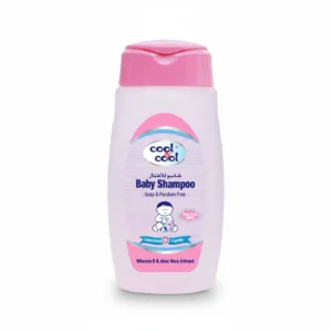 A white bottle with a blue label that says 'Cool and Cool Baby Shampoo 250ml'. The bottle has a flip-top cap and features images of chamomile flowers and a baby.