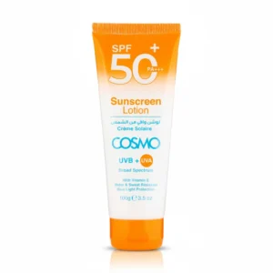 A white bottle with a blue label, containing Cool & Cool Sunscreen Lotion SPF 50. The label displays the product name, SPF rating, and key features.