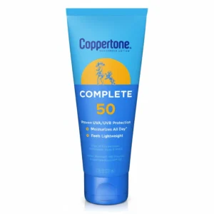 A bottle of Coppertone Moisturizing Sunscreen Lotion SPF 50 in a white and blue color scheme. The label displays the Coppertone logo and key product details.