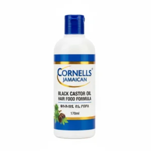 A 170ml bottle of Cornells Jamaican Black Castor Oil Hair Food Formula. The bottle has a black label with the Cornells logo and product name.
