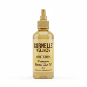 A clear glass bottle with a white label containing the Cornells Wellness logo and the product name 'Baobab & Jojoba Oil Premium Natural Hair Oil 75ml'. The bottle has a black screw-top lid.