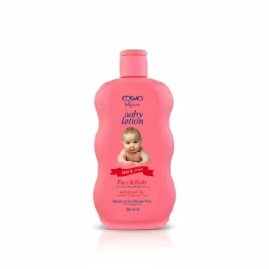 A white bottle of Cosmo Baby Lotion with a blue label and cap. The bottle contains 500ml of product.
