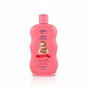 A 500ml bottle of Cosmo Baby Oil with a white label. The label features the Cosmo logo and lists the key ingredients as Vitamin E, almond oil, and avocado oil.