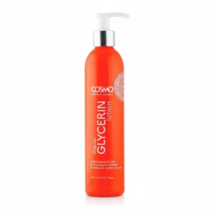 A bottle of Cosmo Glycerin Lotion with a white and blue label. The bottle has a pump dispenser and contains 316ml of product.