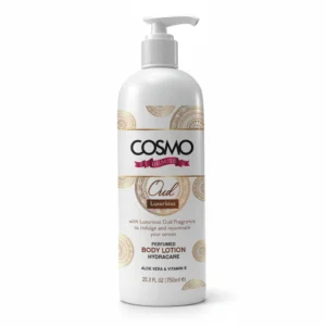 A white bottle with a green label containing Cosmo Raw Shea Butter Body Lotion. The bottle has a pump dispenser.