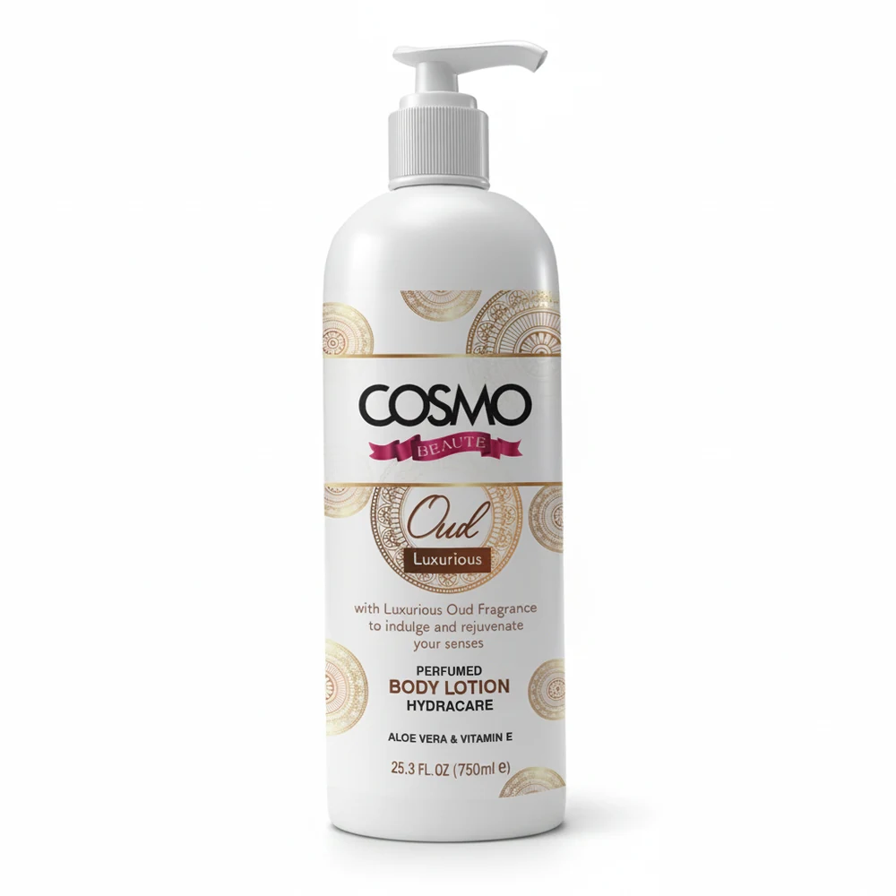 A white bottle with a green label containing Cosmo Raw Shea Butter Body Lotion. The bottle has a pump dispenser.