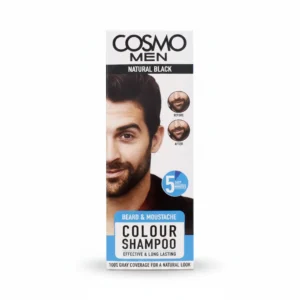 A bottle of Cosmo Men Colour Shampoo with a black label featuring the brand name, product name, and key ingredients like keratin, olive oil, and vitamin E.