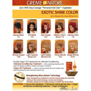 A box of Crème of Nature Hair Color. The box is rectangular in shape and has a vibrant purple and green color scheme. The Crème of Nature logo is prominently displayed, and the product name is clearly visible on the front of the box.