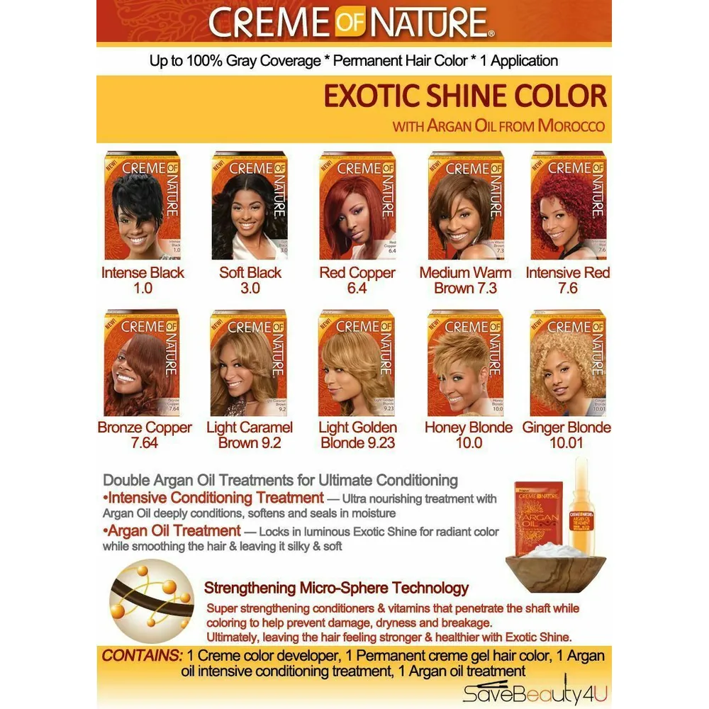 A box of Crème of Nature Hair Color. The box is rectangular in shape and has a vibrant purple and green color scheme. The Crème of Nature logo is prominently displayed, and the product name is clearly visible on the front of the box.